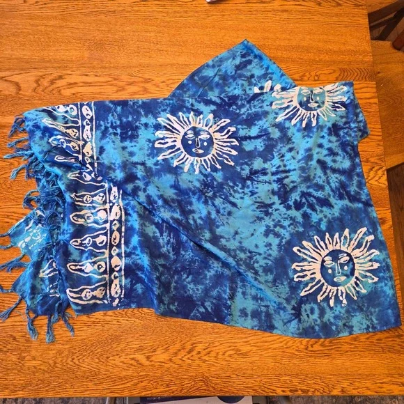 Vintage Boho Sun Tie Dye Sarong Scarf Beach Cover Up Blue Damage Resort Cruise - Picture 4 of 7